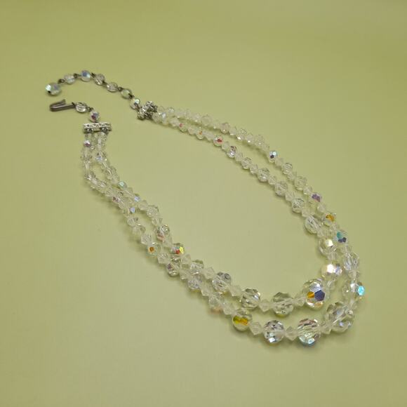 Vintage 1950s Aurora Borealis Crystal Beaded Necklace, Double Strand, 16 Inches - Picture 6 of 10